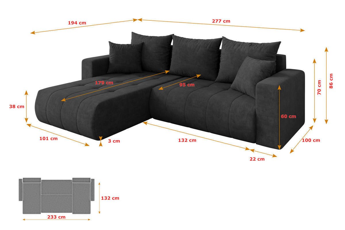 ROHOVÁ SEDAČKA s funkcí spaní, otoman vlevo MILA-L 277x194x86 tmavě šedá velur - černá/antracitová, kompozitní dřevo/textil (277/194cm) - ALTDECOR