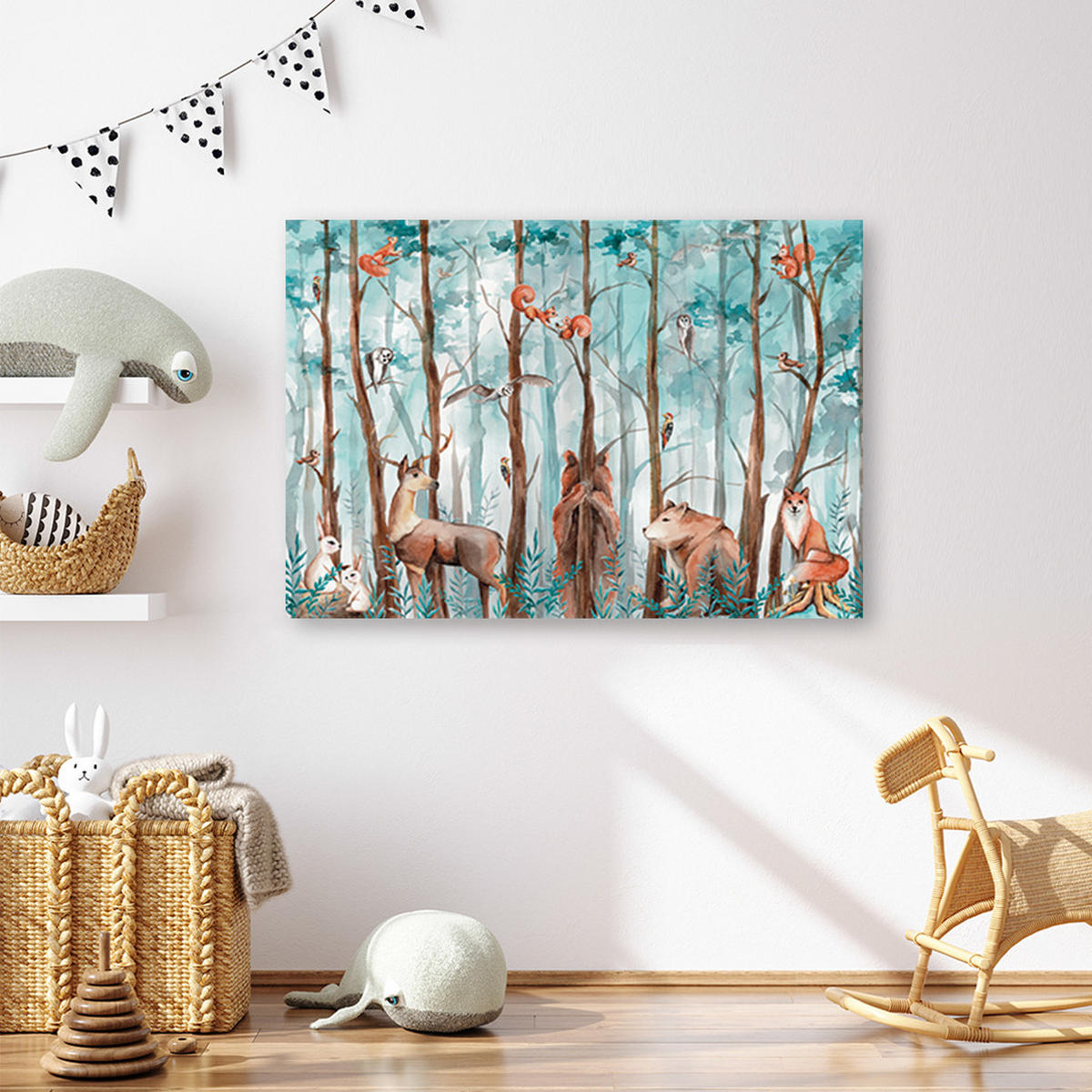 WANDBILD Waldtiere Hirschbär Fuchs - Türkis, Textil (90/60cm) - Feeby