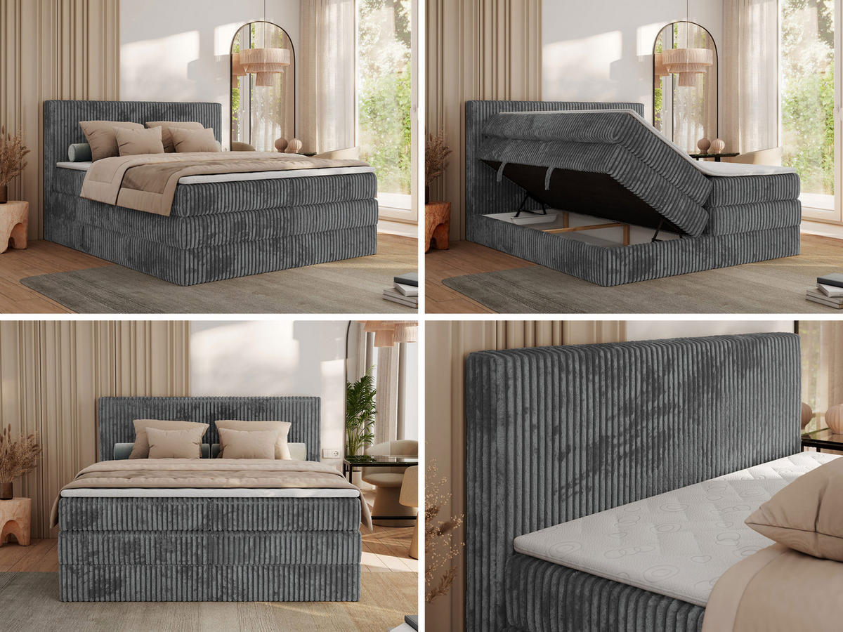 BOXSPRINGBETT TILIANO KING - 180/200 - Grau Cord - H3 - Grau, Holz/Textil (180/200cm) - MKS
