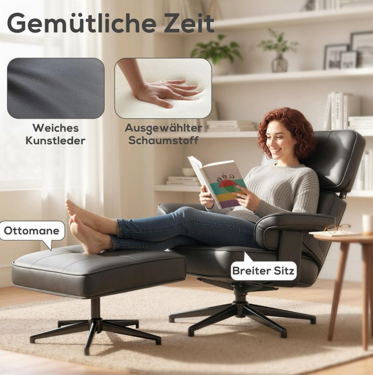 SESSEL 91/79/89 cm in Schwarz mit Fußhocker und verstellbarer Kopfstütze - Schwarz, Kunststoff (91/89/79cm) - BEAOK