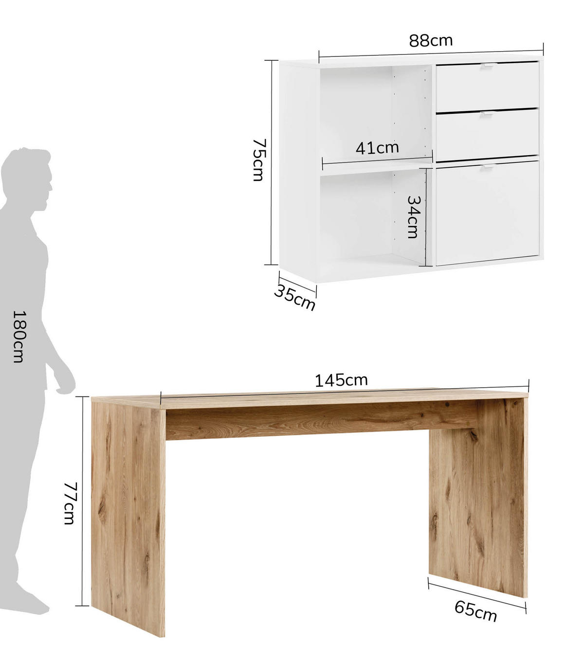SCHREIBTISCH Der Produktive - Eichefarben/Weiß, Holzwerkstoff (65/145/77cm) - Mokebo
