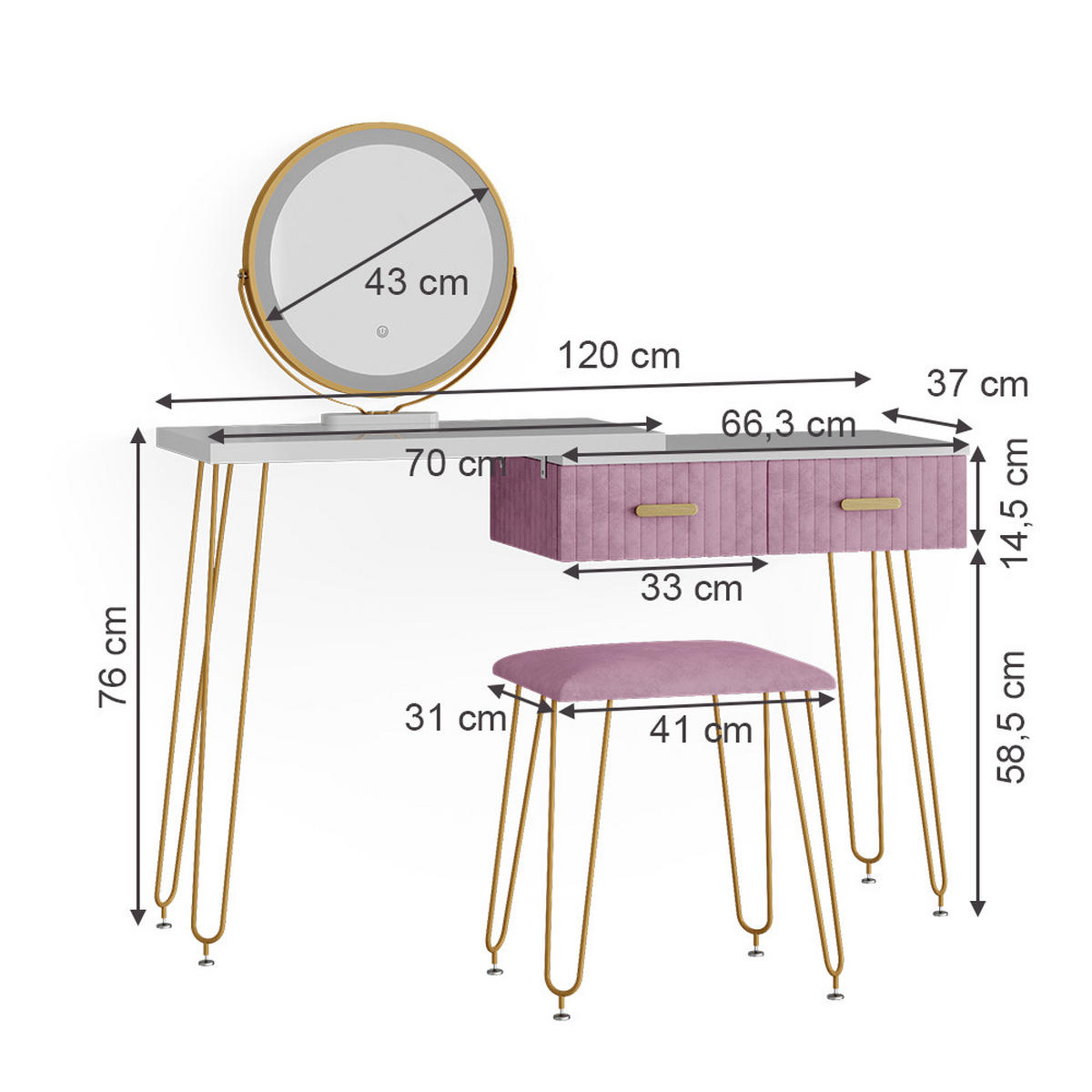 SCHMINKTISCH Zoey Rosa 120 cm mit LED Beleuchtung und Hocker - Pink, Holzwerkstoff (120/76/37cm) - Vicco