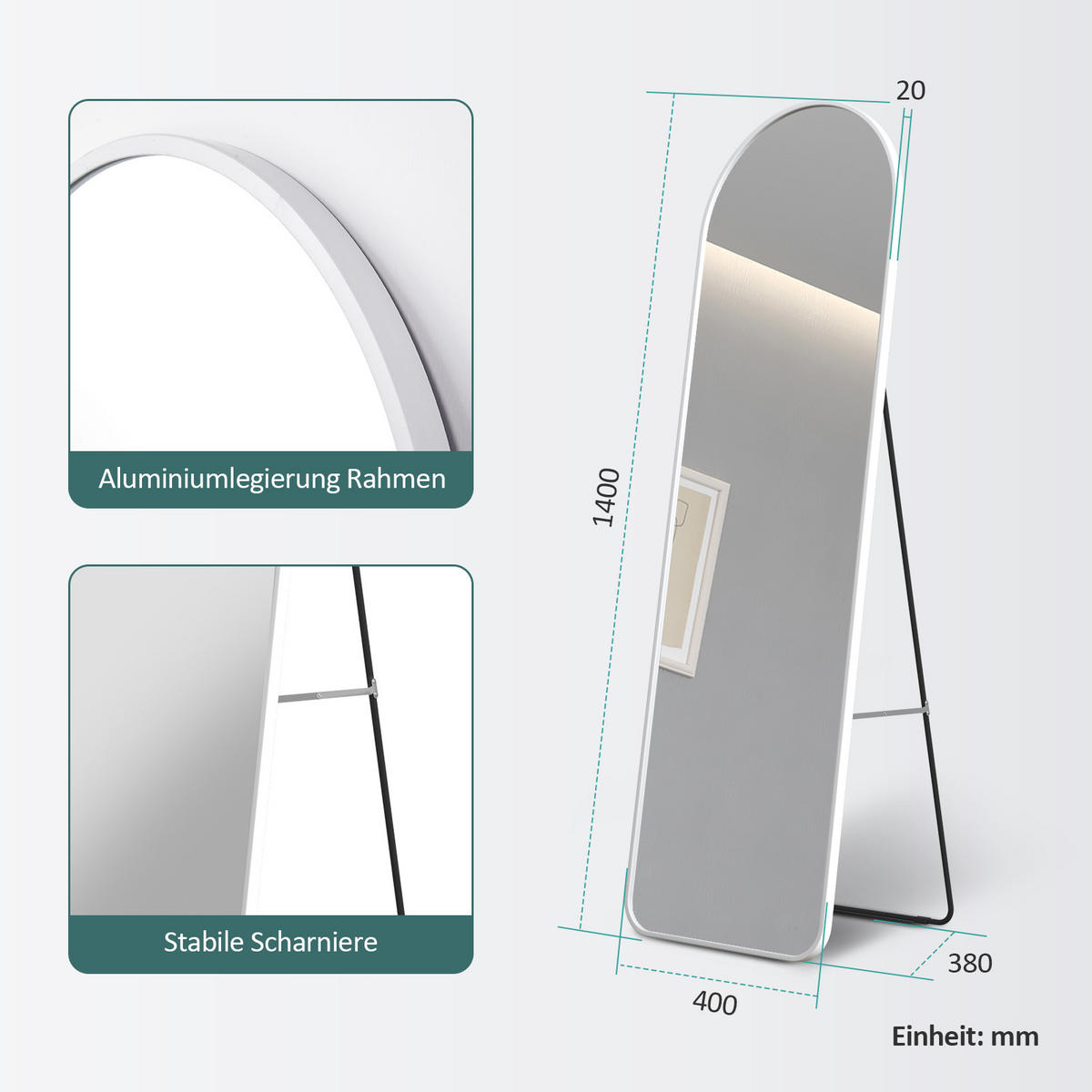 STANDSPIEGEL mit Rahmen Gehärteter Silberspiegel Weiß 140/40 cm - Weiß, Glas/Metall (40/140/140cm) - EMKE