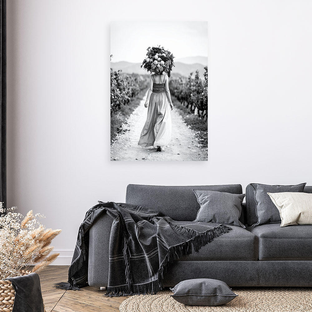 LEINWANDBILD Frau mit Früchten auf dem Kopf 60x90cm - Schwarz, Textil (60/90cm) - Feeby