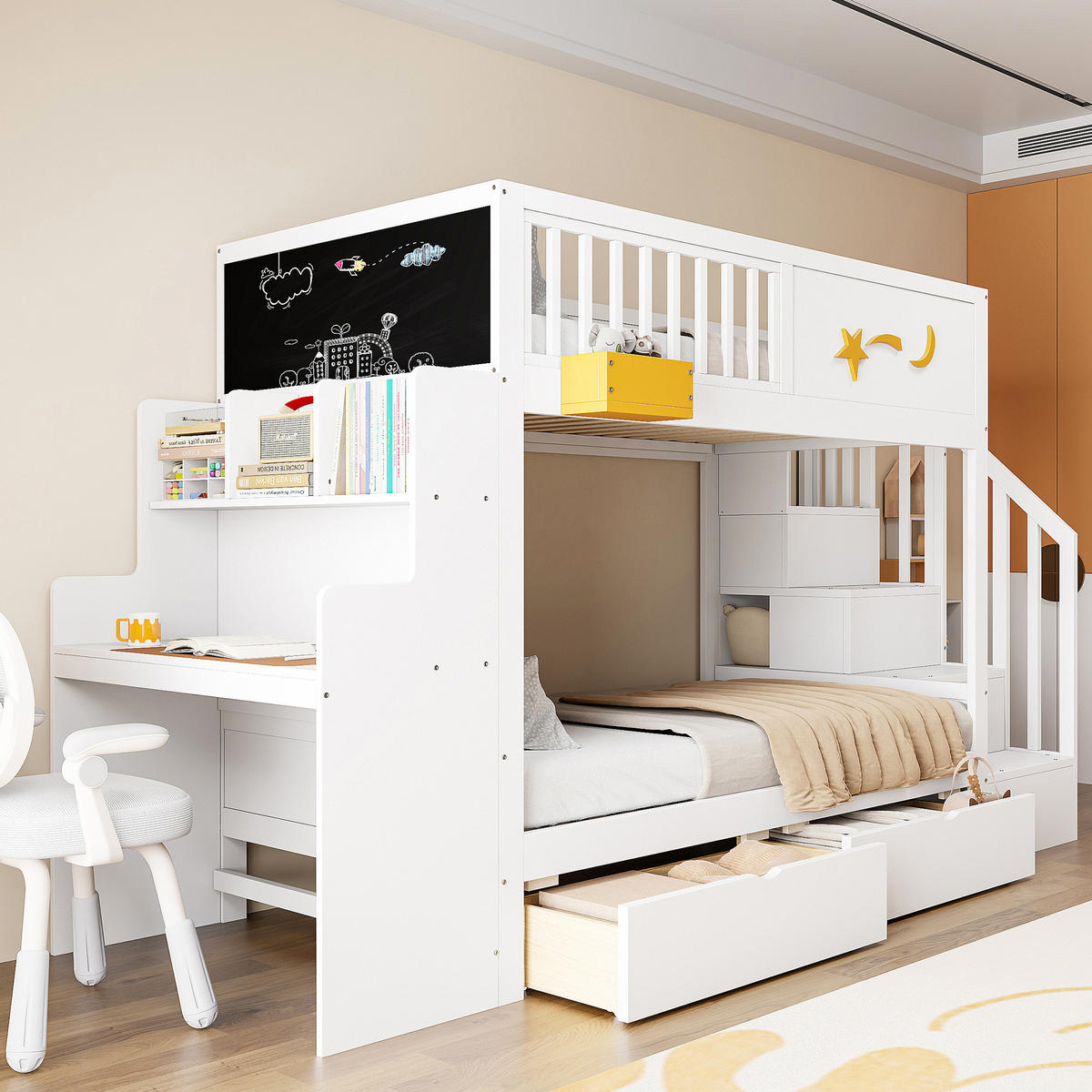 ETAGENBETT 90/200 cm mit Schreibtisch, Stauraumtreppe und 2 Schubladen, Weiß - Weiß, Holzwerkstoff (90/200cm) - Redom