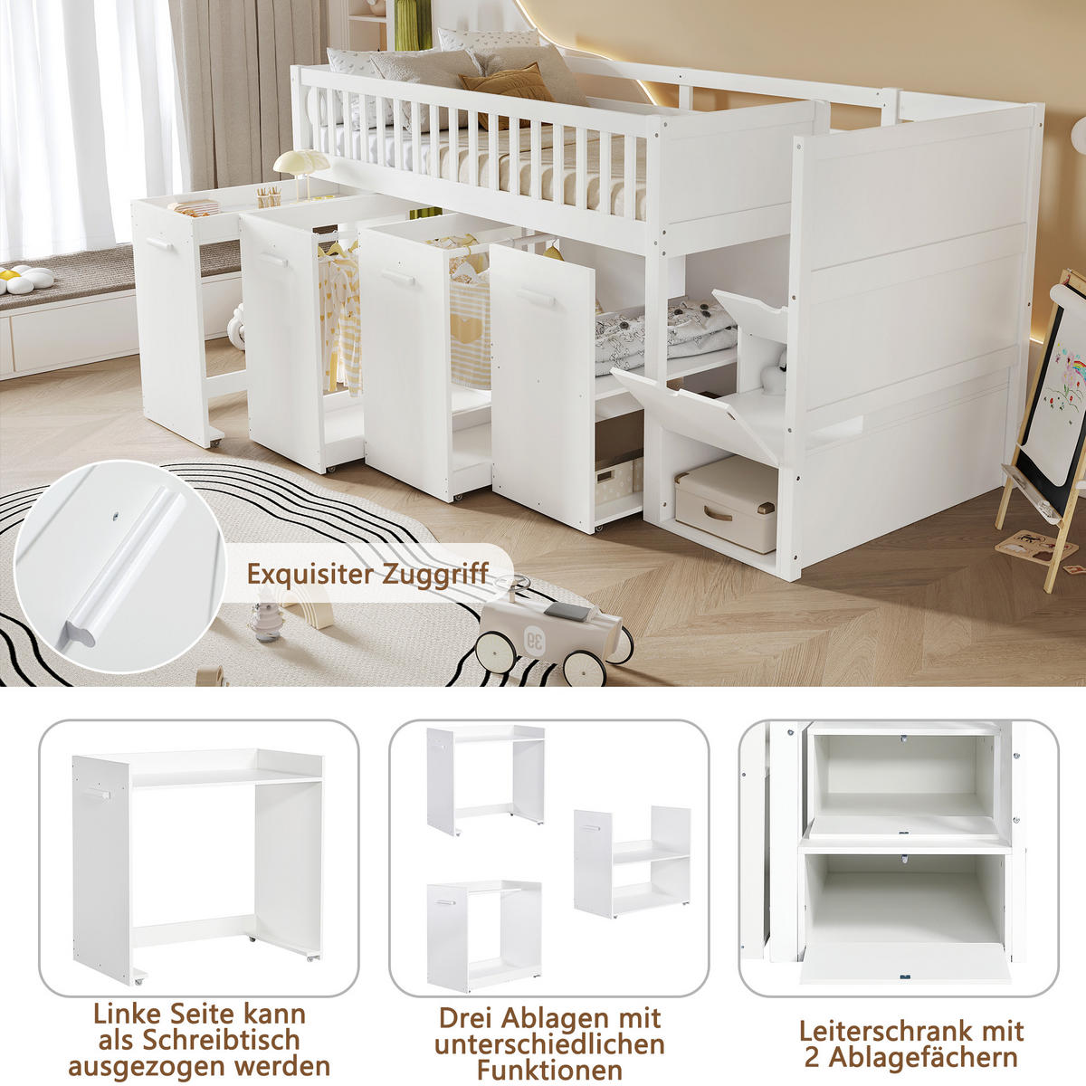 ETAGENBETT 90/200 cm Weiß mit Schreibtisch und viel Stauraum aus Kiefer und MDF - Weiß, Holzwerkstoff (90/200cm) - OKWISH