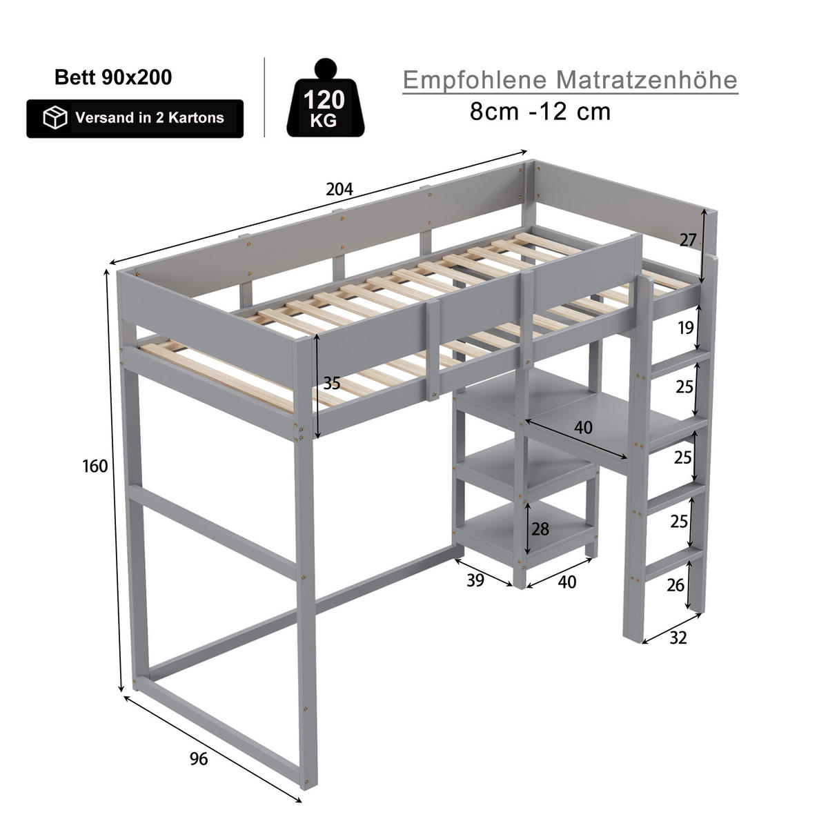 HOCHBETT 90/200 cm grau aus massivem Kiefernholz mit Ablage - Grau, Holz (90/200cm) - OKWISH