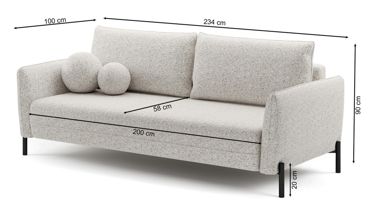 SOFA Veruco Beige mit Schlaffunktion - Beige/Schwarz, Textil/Metall (234/90/100cm) - Selsey