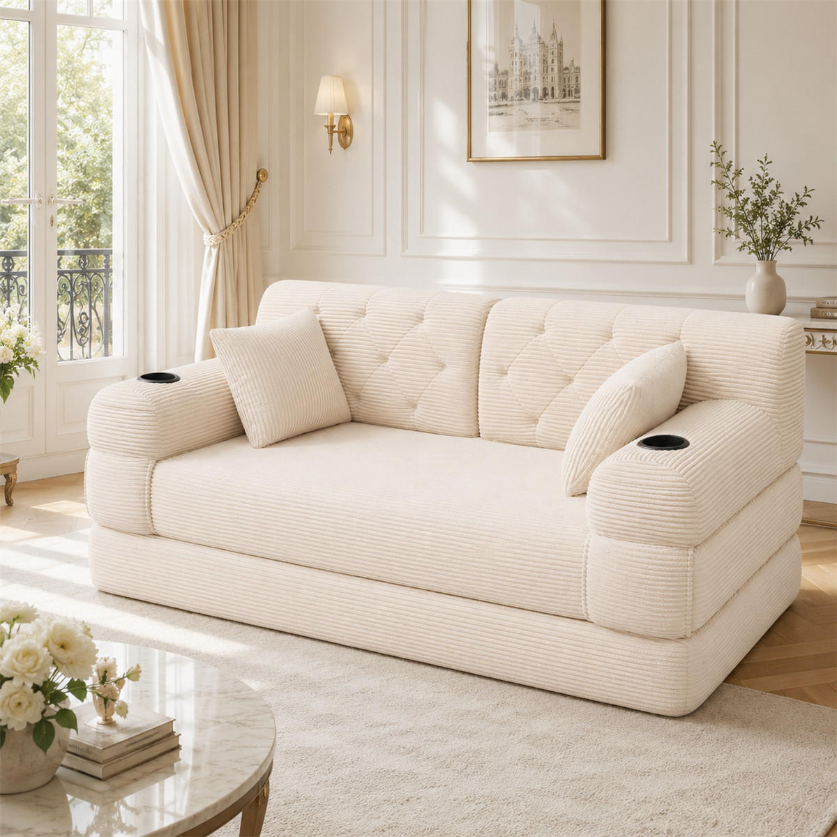 SCHLAFSOFA 2-Sitzer Cord Lounge mit Taschen & Getränkehaltern, Beige - Beige, Textil (168/81/80cm) - Kaket
