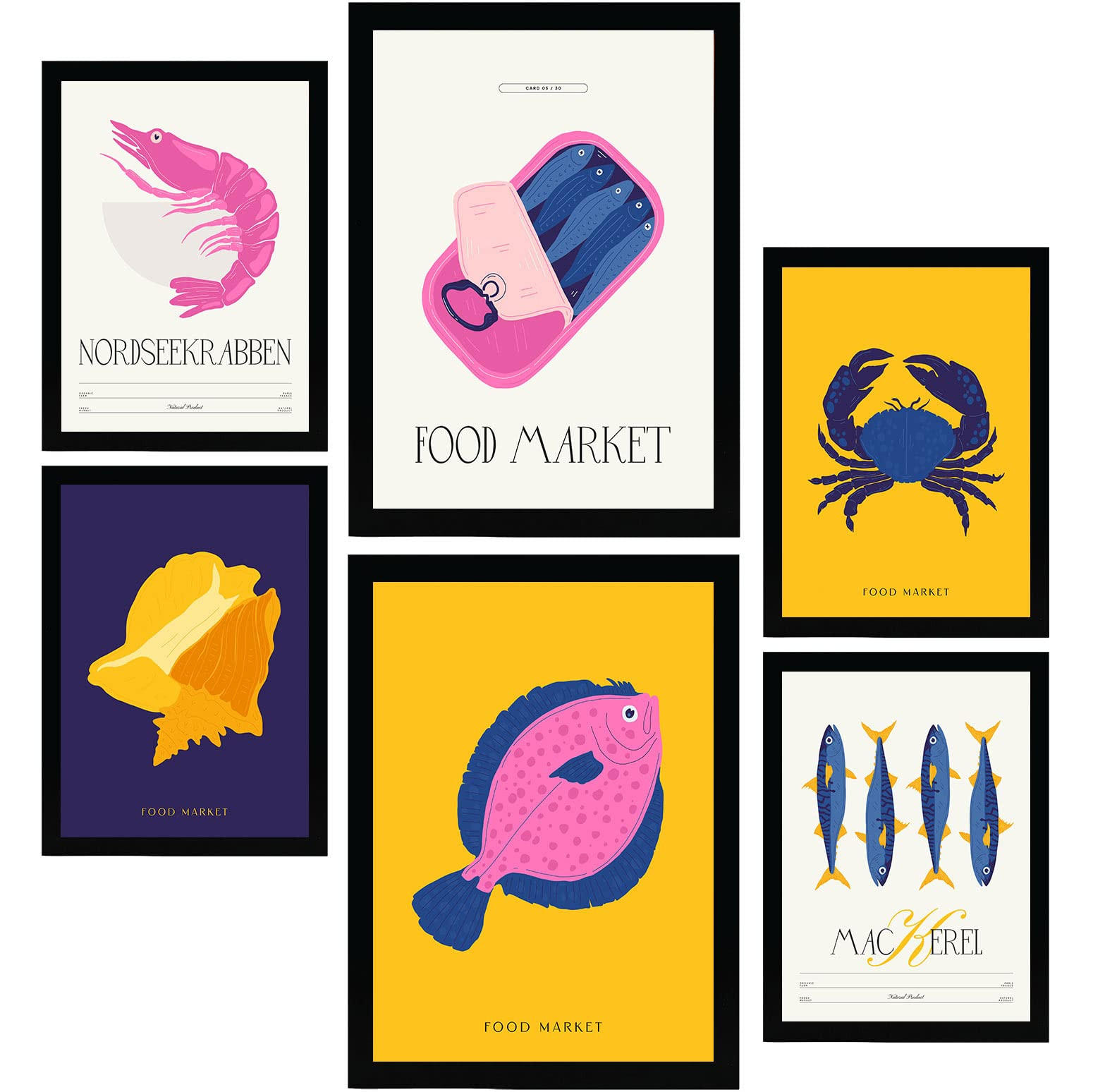 POSTER Set Mit 6 Lebensmittel Und Ernährungs Meeresfrüchte Natur Und Botanikdrucke Für Innenarchitektur A3 & A4 Schwarzer Rahmen - Schwarz, Papier (29/3cm) - Nacnic