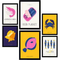 POSTER Set Mit 6 Lebensmittel Und Ernährungs Meeresfrüchte Natur Und Botanikdrucke Für Innenarchitektur A3 & A4 Schwarzer Rahmen - Schwarz, Papier (29/3cm) - Nacnic