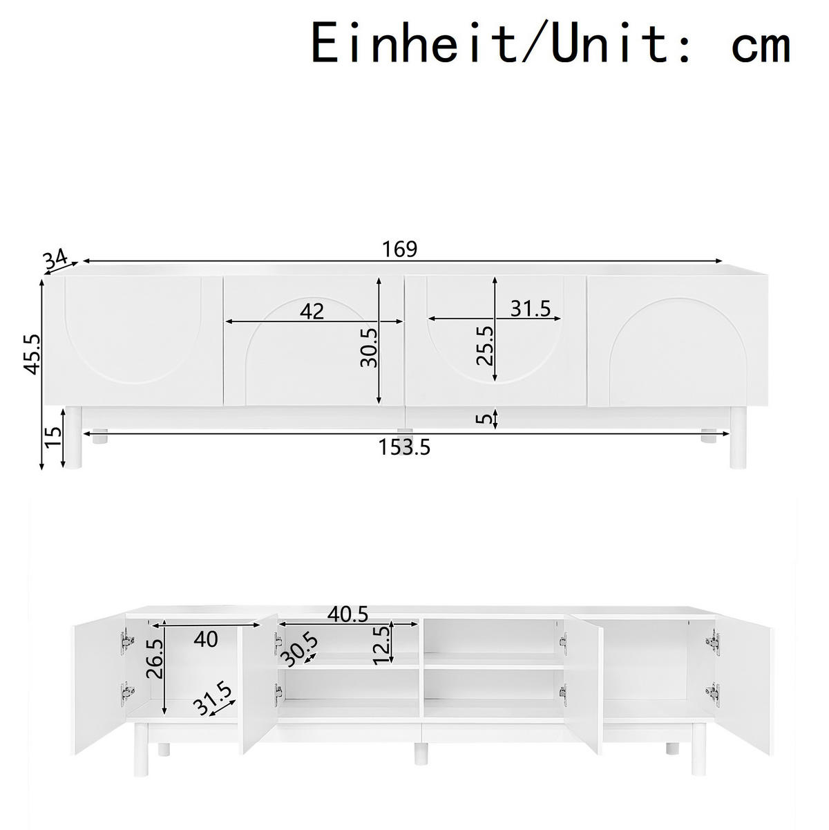 TV-SCHRANK mit 4 Türen 169 x 34 x 45,5 cm Weiß - Weiß, Holzwerkstoff (35/45.5/169cm) - Beauniv