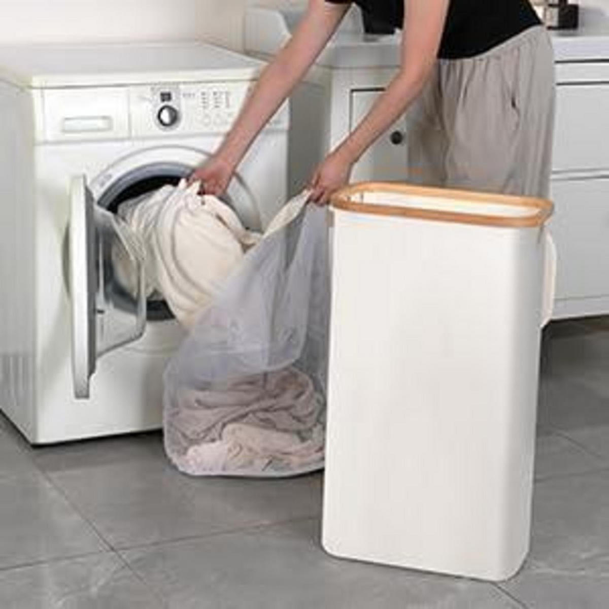 WÄSCHEKORB schmal 63L mit Deckel und herausnehmbarem Beutel Beige - Beige, Naturmaterialien (22/70/40cm)