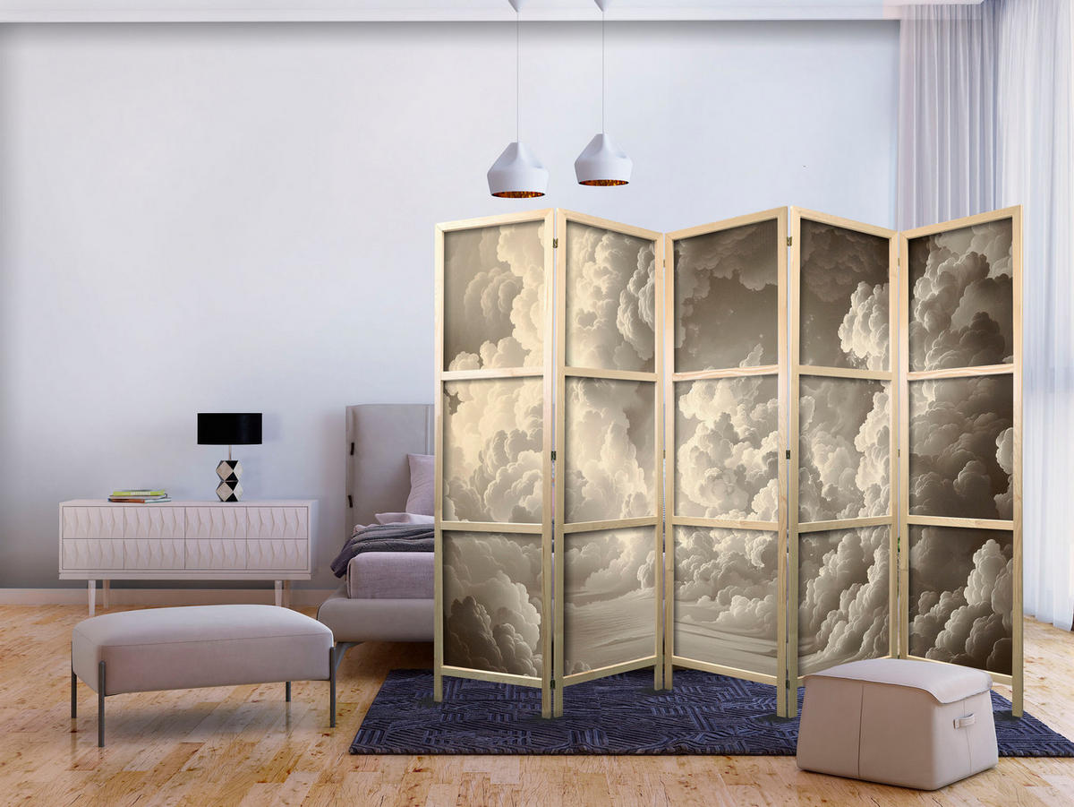 PARAVENT Japanischer 5-tlg 225x172 cm Wolken 3D Effekt - Beige, Holz/Textil (225/172/3cm) - Muralo