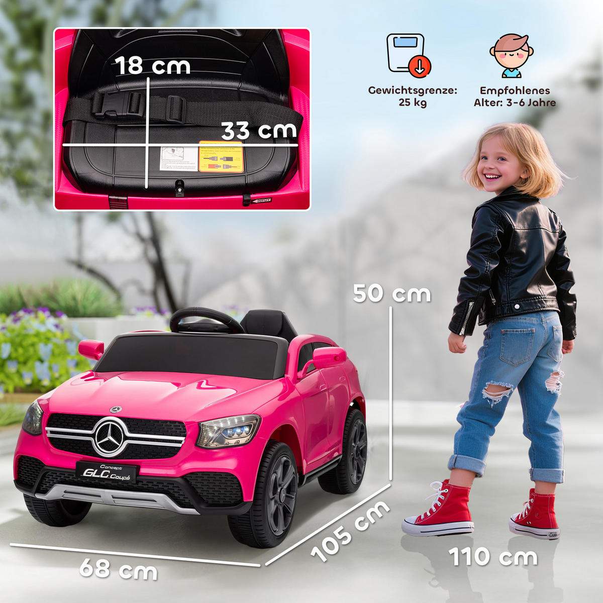 KINDER-ELEKTROAUTO 12V Kinderauto mit 2,4 GHz Fernbedienung, Hupe, Rosa - Rosa, Kunststoff (105/68/50cm) - AIYAPLAY