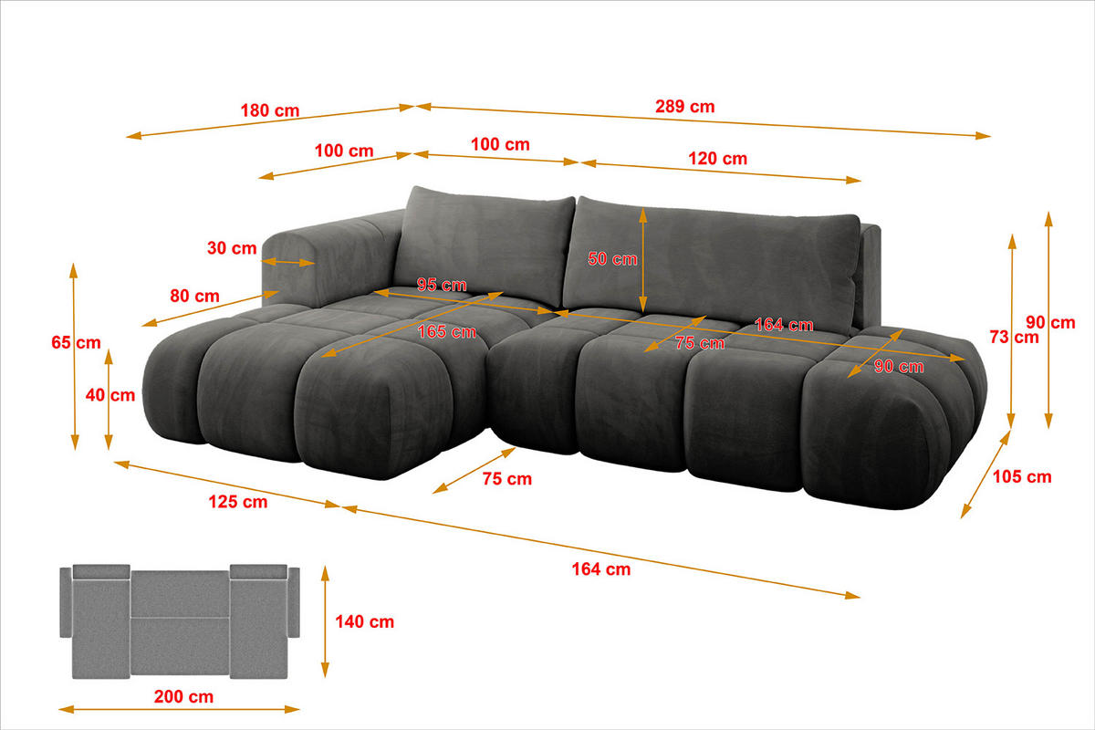 ECKSOFA Ottomane Links CLOUD-L 289x180x40 Dunkelgrau Velours - Dunkelgrau, Holzwerkstoff/Kunststoff (180/289cm) - ALTDECOR