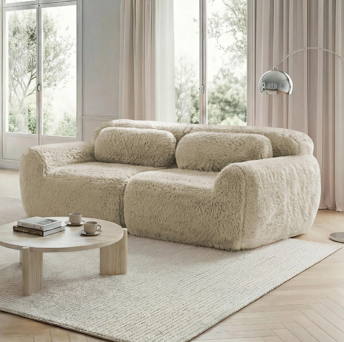 SOFA in Hellkhaki aus Plüsch mit rutschfester Basis und Kissen - Sandfarben, Textil (104/73/204cm) - Flora Grace