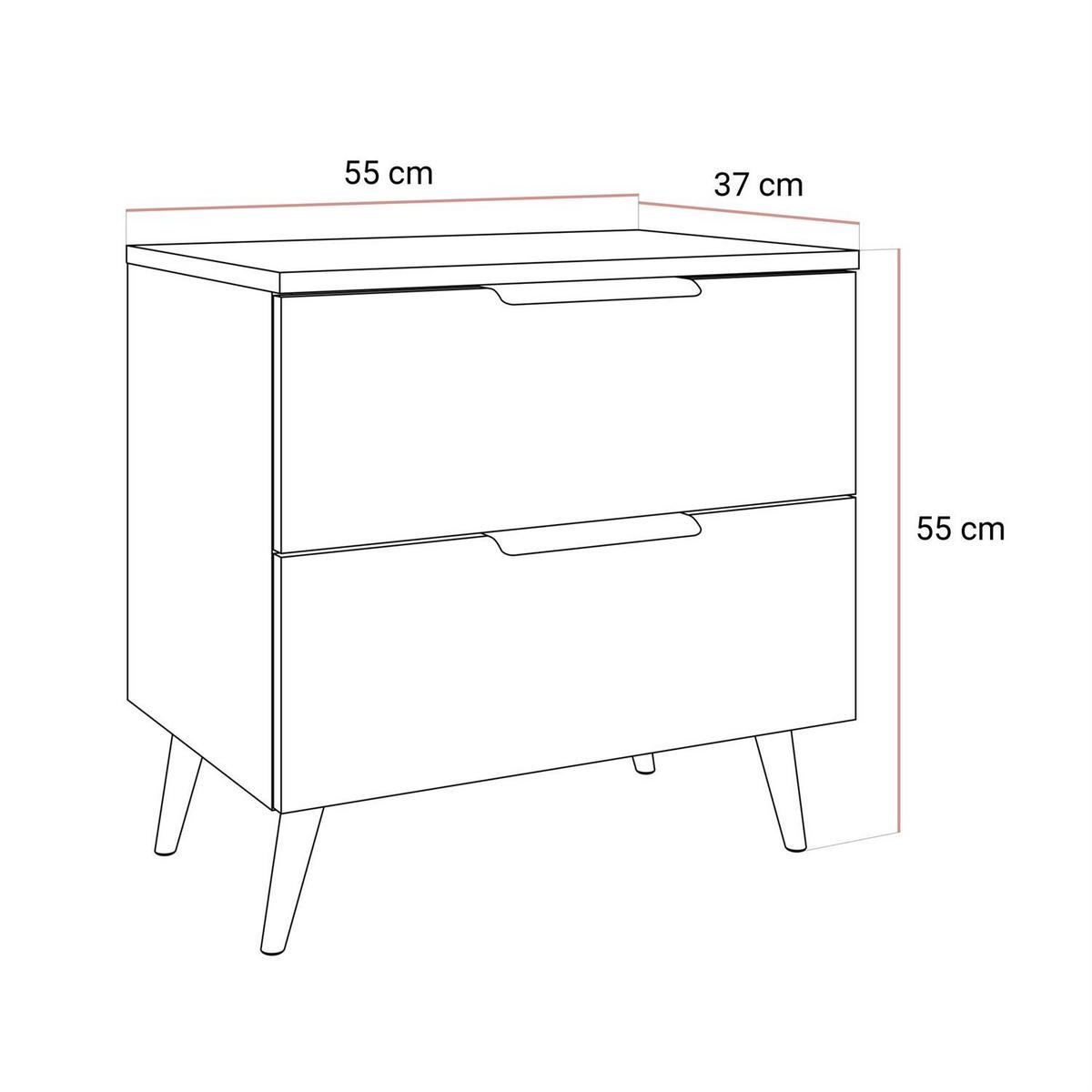 NACHTKOMMODE LINA KASCHMIR 2S auf schrägen Beinen LED silberne Griffe und Beine - Beige, Holzwerkstoff (55/55/37cm) - Lookway