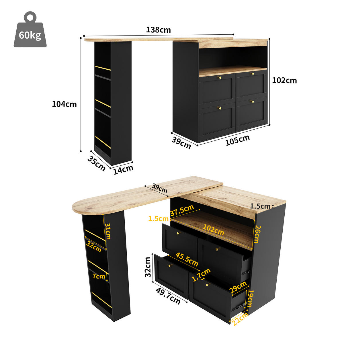 L-FÖRMIGER Schrank 105x39x102cm Schwarz mit drehbarem Seitenrahmen & 4 Schubladen - Schwarz, Holzwerkstoff (105/102/39cm) - Modfu