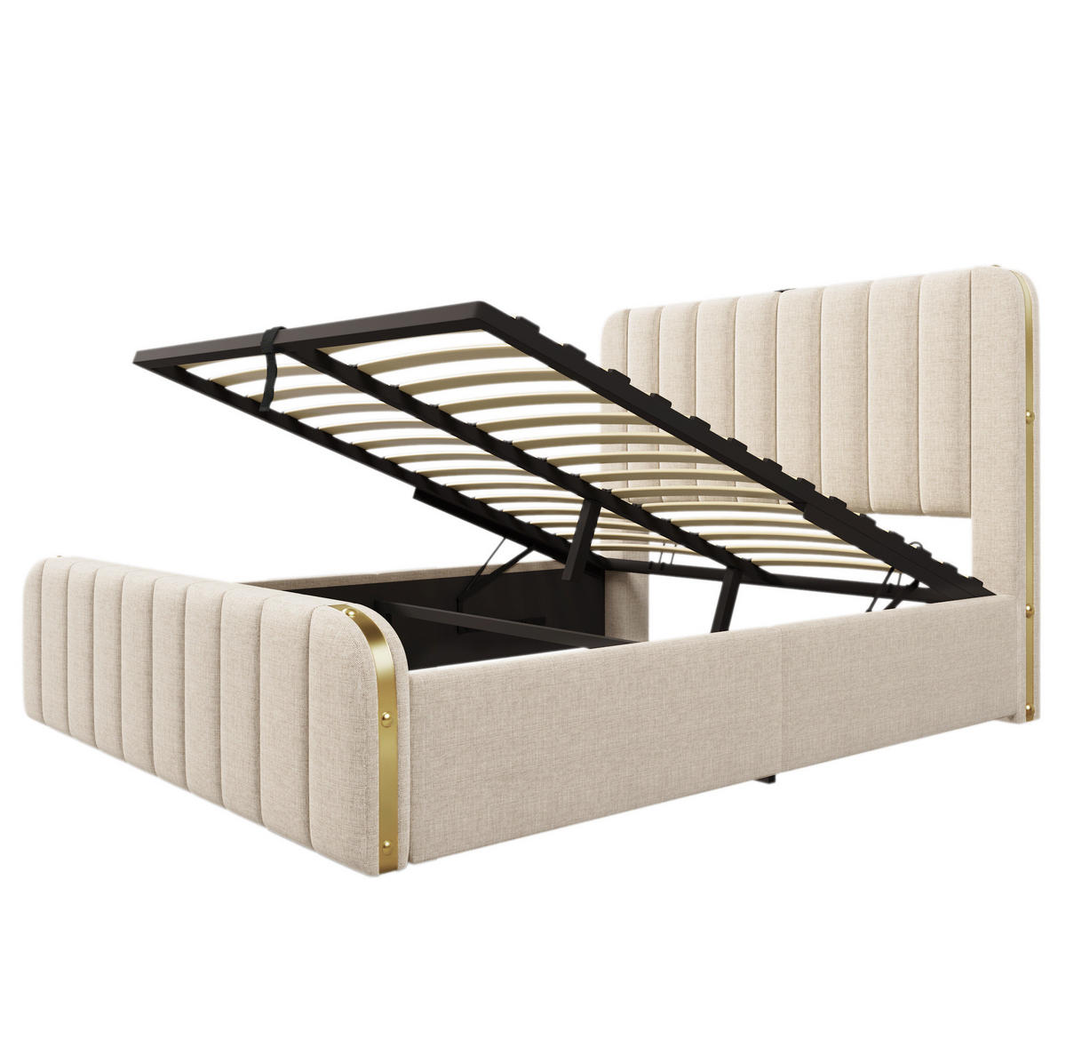 POLSTERBETT 160/200 cm beige aus Leinen mit USB-C und hydraulischem Stauraum - Beige, Textil (160/200cm) - OKWISH