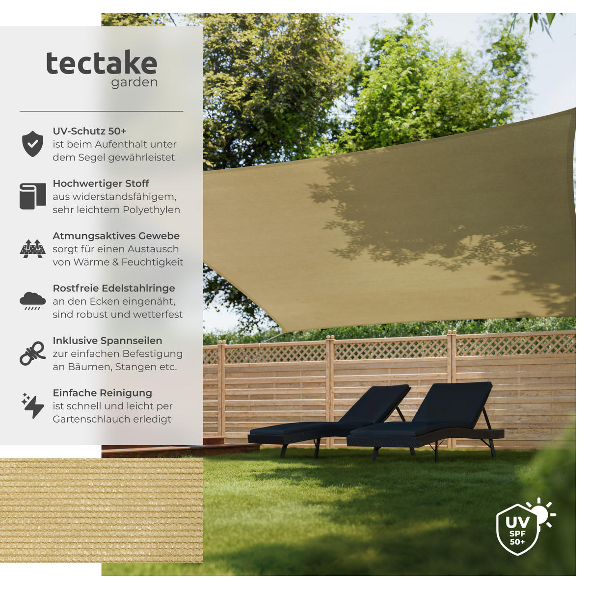 SONNENSEGEL ,inklusive Spannseile,beige - Beige, Kunststoff (540/540cm) - tectake