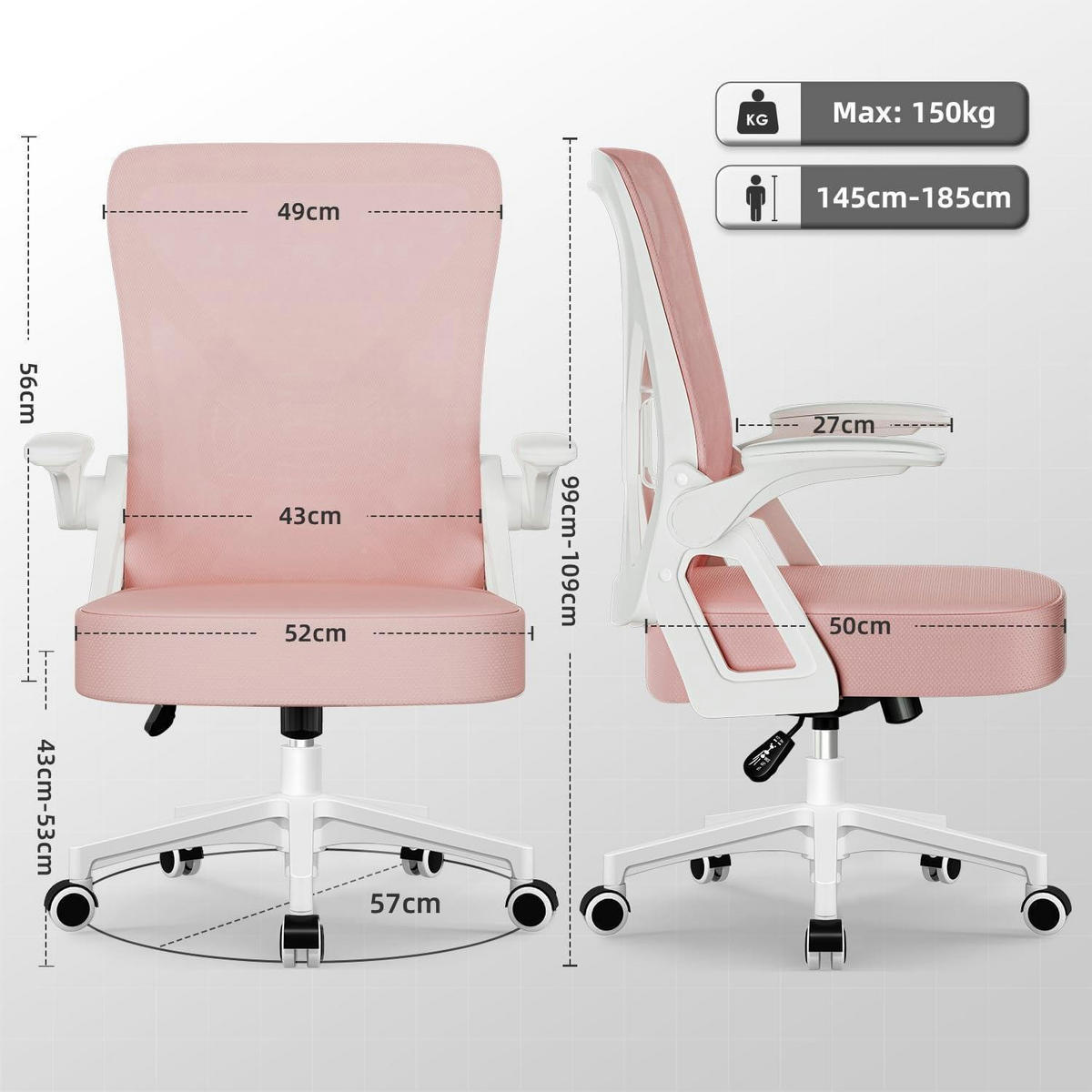 BÜROSTUHL Ergonomisch mit Lendenstütze und Wippfunktion Rosa - Rosa, Textil (57/99/57cm)
