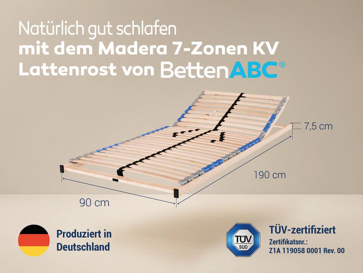 LATTENROST Madera, 7 Zonen, zur Selbstmontage, Größe: 90x190 - Kopfteilverstellung - Braun, Holz (90/190cm) - Betten-ABC