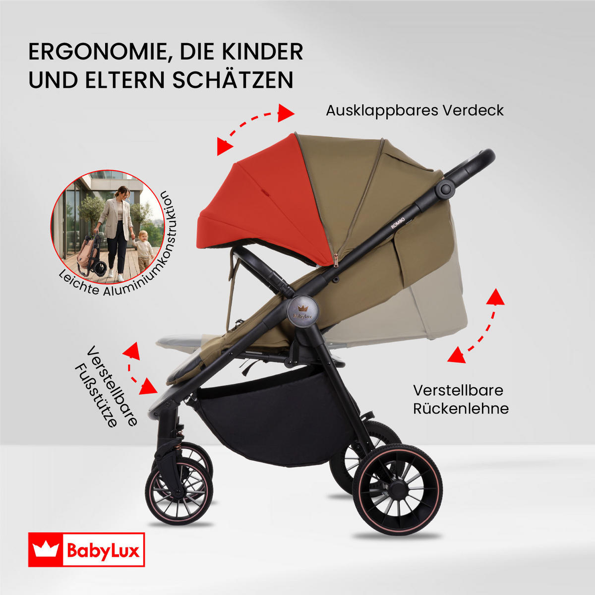 BUGGY Rombo, Klein und Leicht, Teleskopische Führung, Kompakt Faltbar, Wickeltasche, Reisetasche - Schwarz/Rosa, Textil/Metall (58/98cm) - BabyLux
