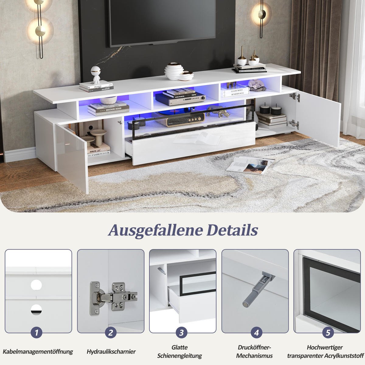 TV-LOWBOARD 180x38x45 cm Hochglanz LED Schrank Schublade - Weiß, Holzwerkstoff (38/45/180cm) - FLIEKS