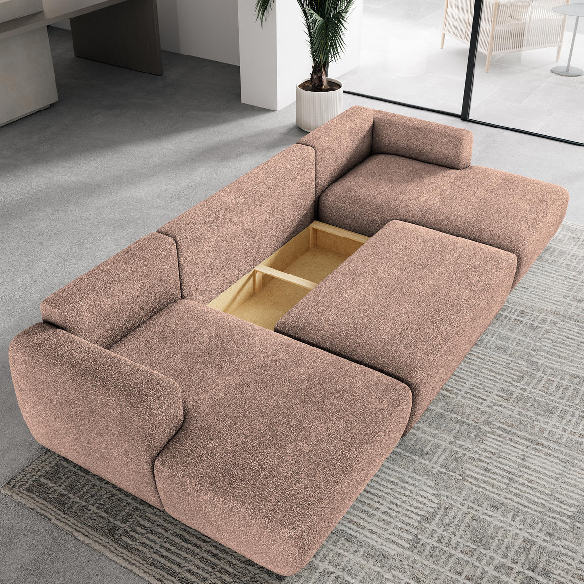 WOHNLANDSCHAFT SENTUM N Rosa Boucle-Stoff mit Schlaffunktion - Rosa, Holz (330/90/148cm) - MASSENO