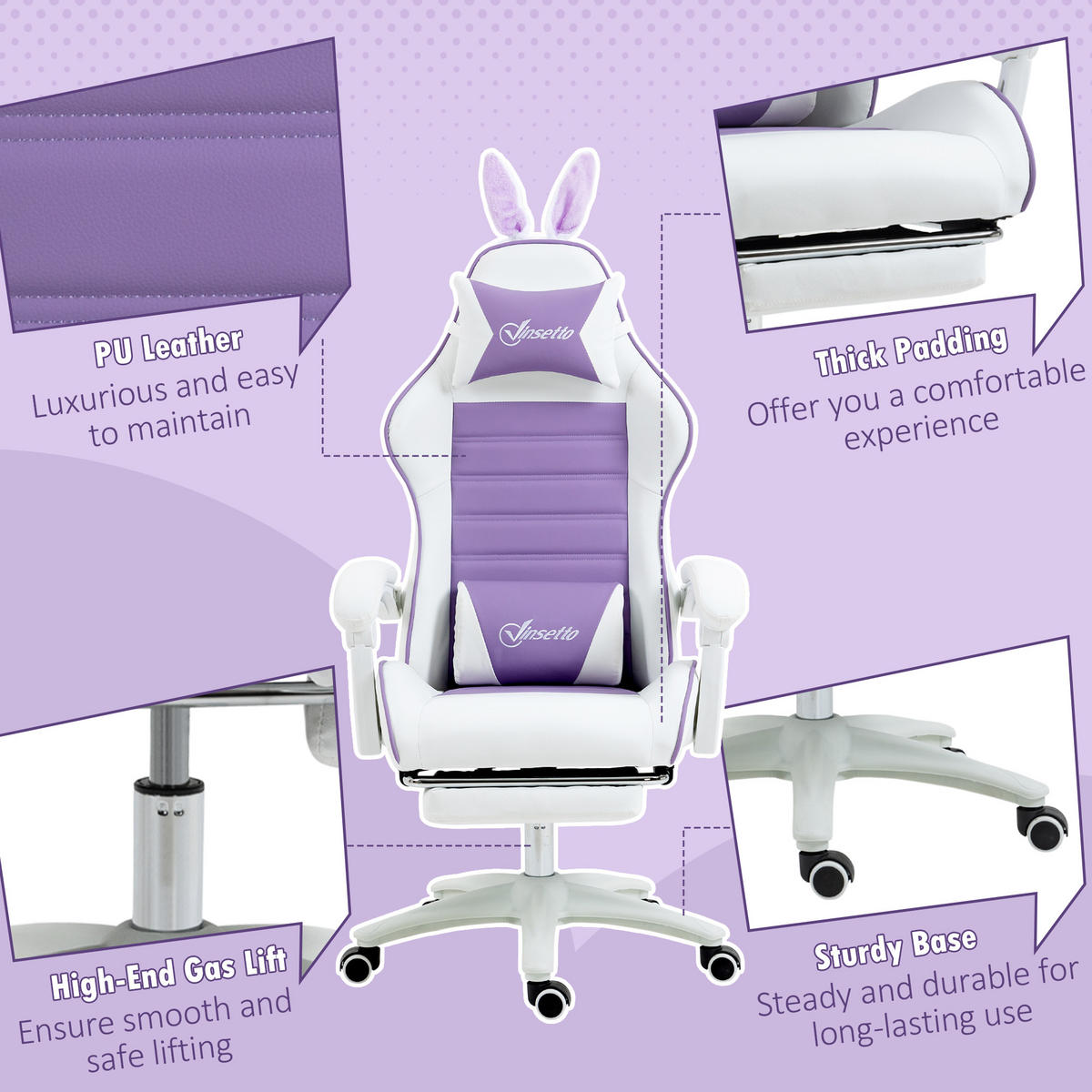 GAMING Stuhl Ergonomischer Gamer Stuhl mit Lendenwirbelstütze, Fußstütze - Violett, Leder (63/142/65cm) - Vinsetto
