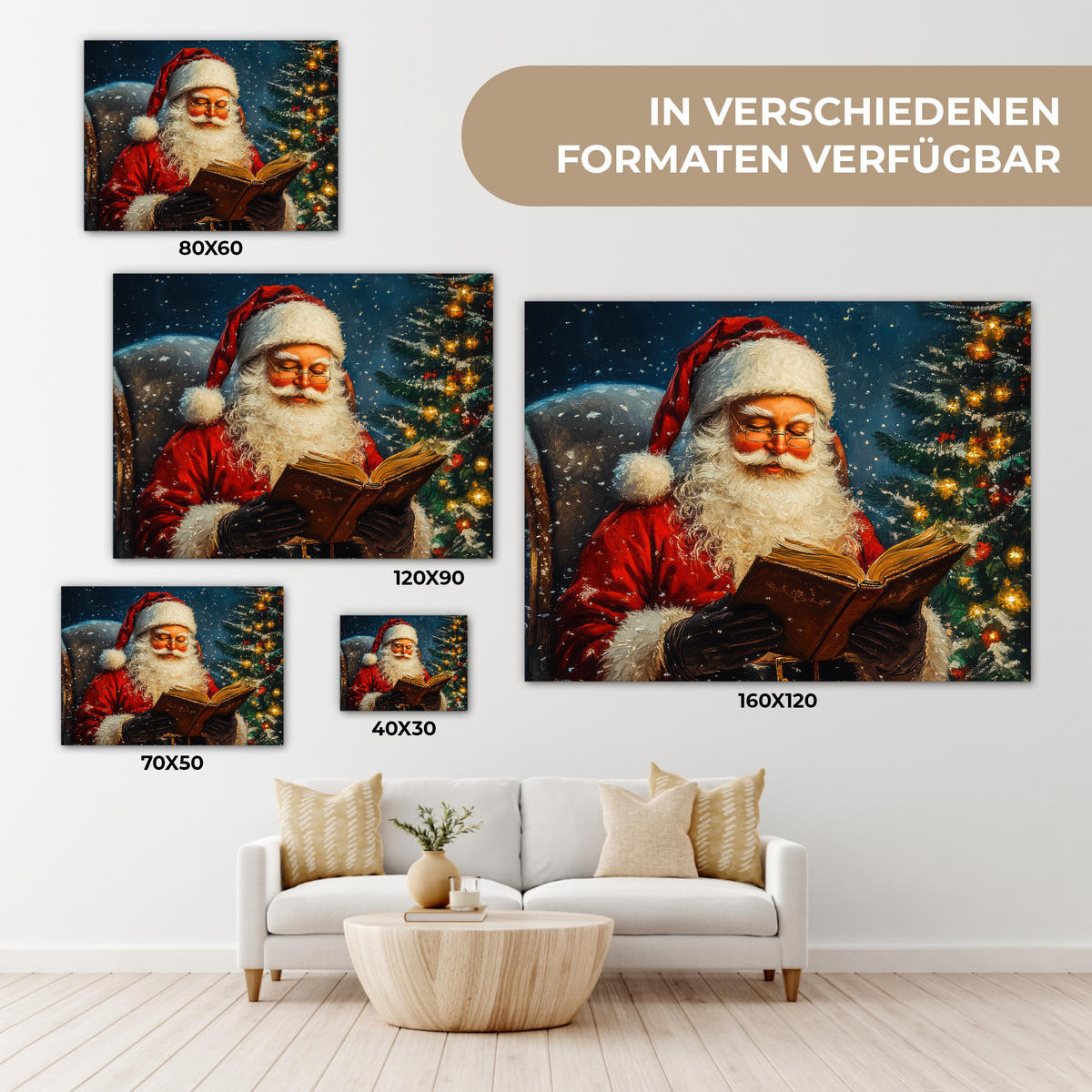 LEINWANDBILD Weihnachtsmann - Weihnachten - Winter - Weihnachtsbaum 40x30 cm - Bordeaux, Textil (40/30cm) - MuchoWow