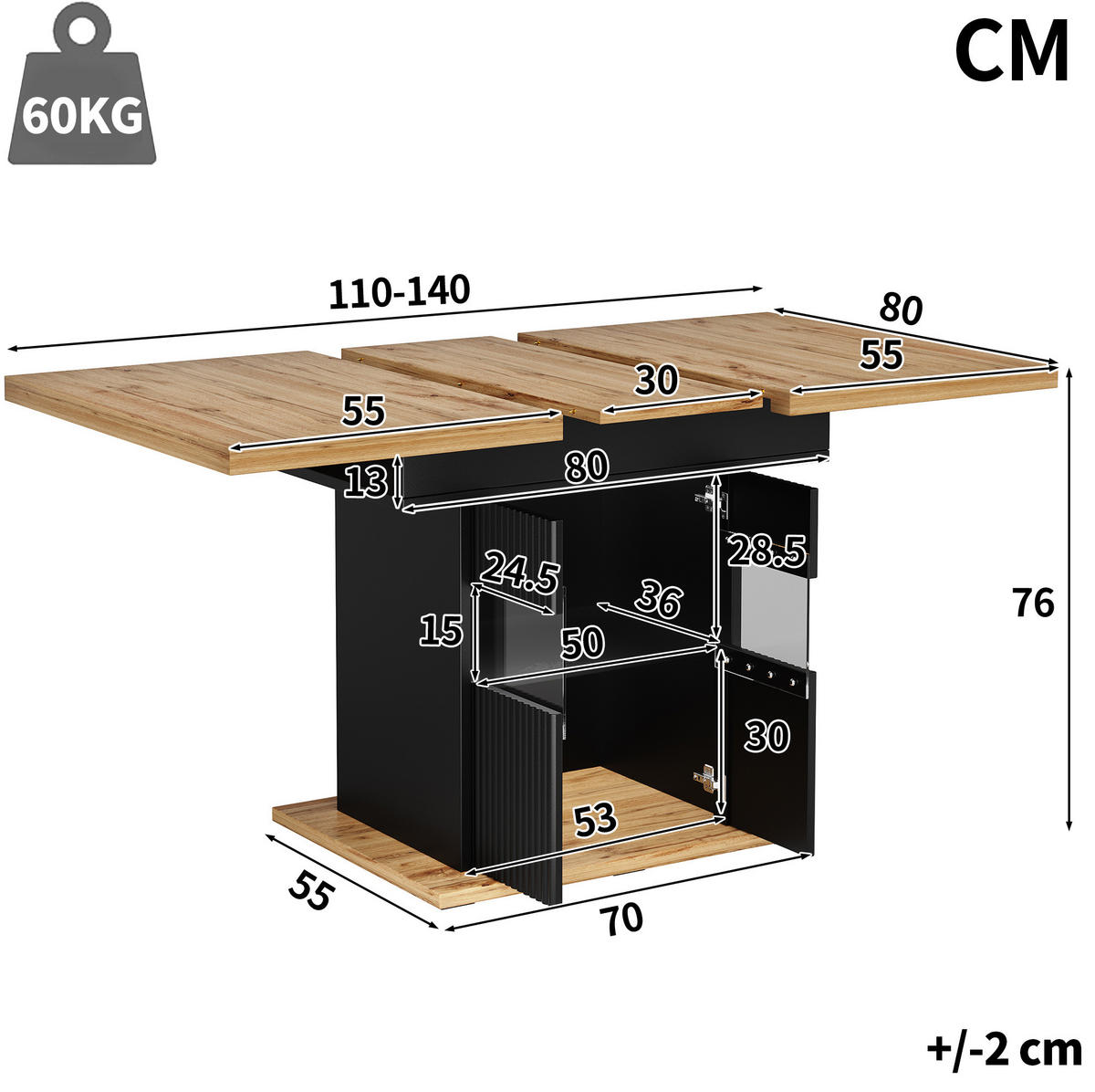 AUSZIEHBARER ESSTISCH mit Stauraum 110-140 x 80 cm Schwarz - Schwarz, Metall (110/80/76cm) - Meubliv
