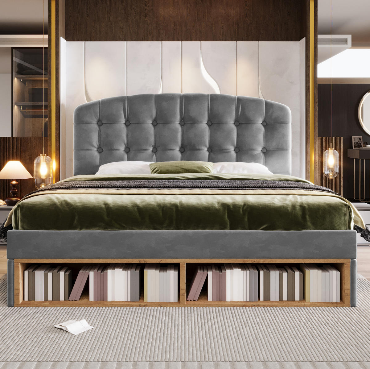 POLSTERBETT 140/200 cm Grau aus Samt mit Stauraum - Grau, Textil (140/200cm) - OKMYHOME
