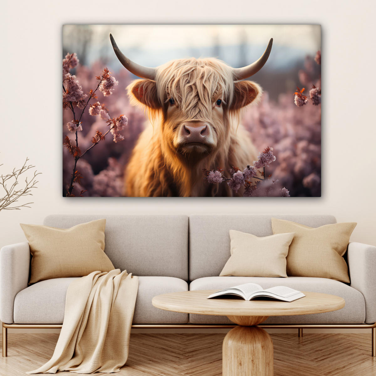 LEINWANDBILD Schottischer Hochländer - Frühling - Hochland Wohnzimmer Groß 120x80 cm - Hellrosa, Textil (120/80cm) - MuchoWow