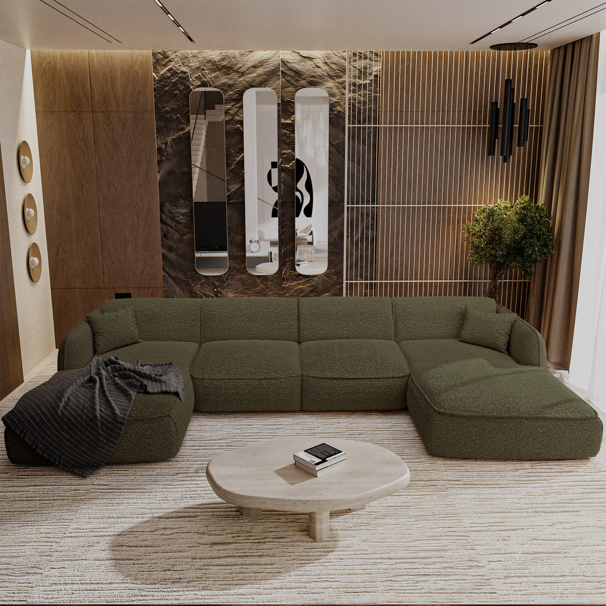 WOHNLANDSCHAFT Bouclé-Stoff Olivgrün 346cm - Olivgrün, Textil (346/76/166cm) - Sia Home