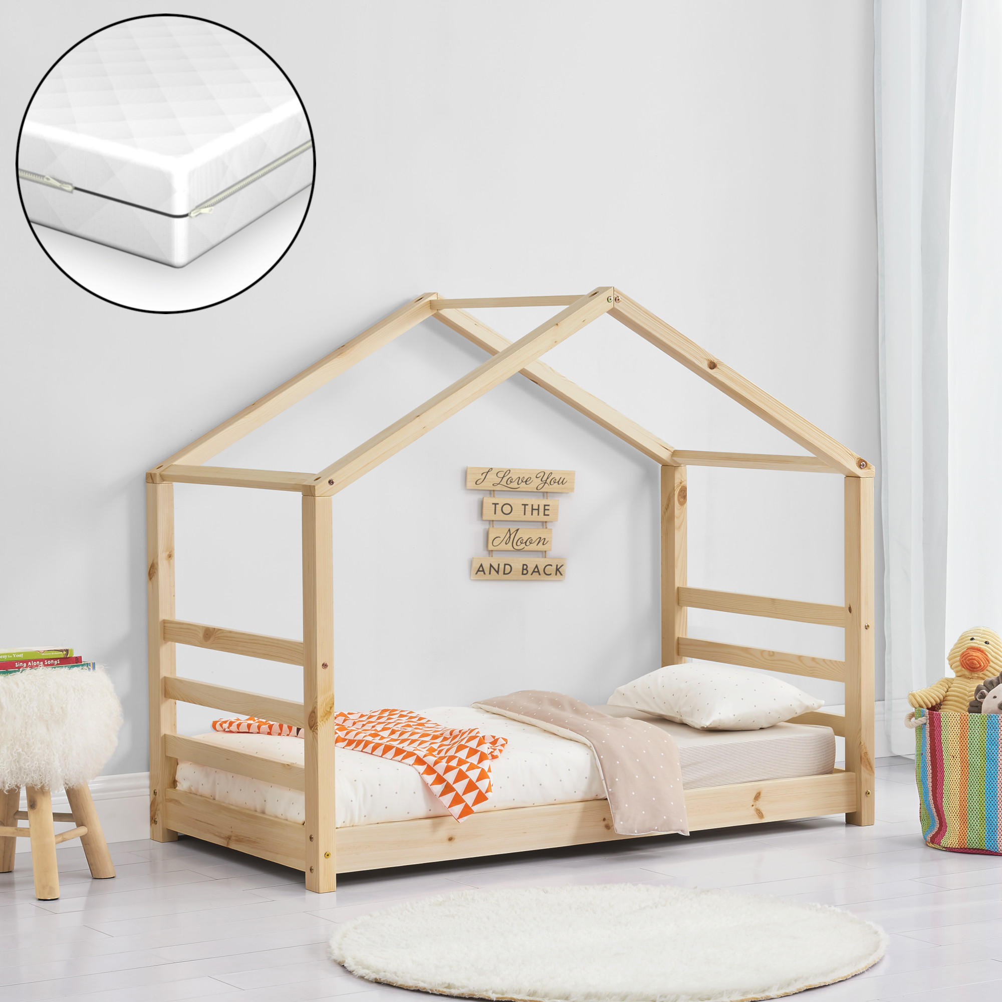 HAUSBETT Vardø mit Matratze - Naturfarben, Holz/Textil (80/160cm) - [en.casa]