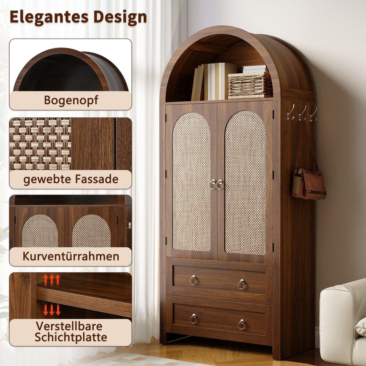 SIDEBOARD Korbgeflecht Bogenstil 2 Schubladen Vintage Stauraum - Walnussfarben, Holzwerkstoff (40/180/80cm) - FLIEKS