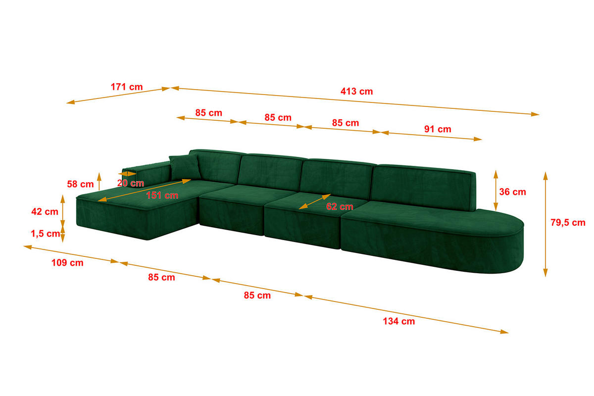 ECKSOFA Ottomane Links IREA-L3-v4 - 413x171x79 cm Grün - Grün, Holzwerkstoff/Textil (413/171cm) - ALTDECOR