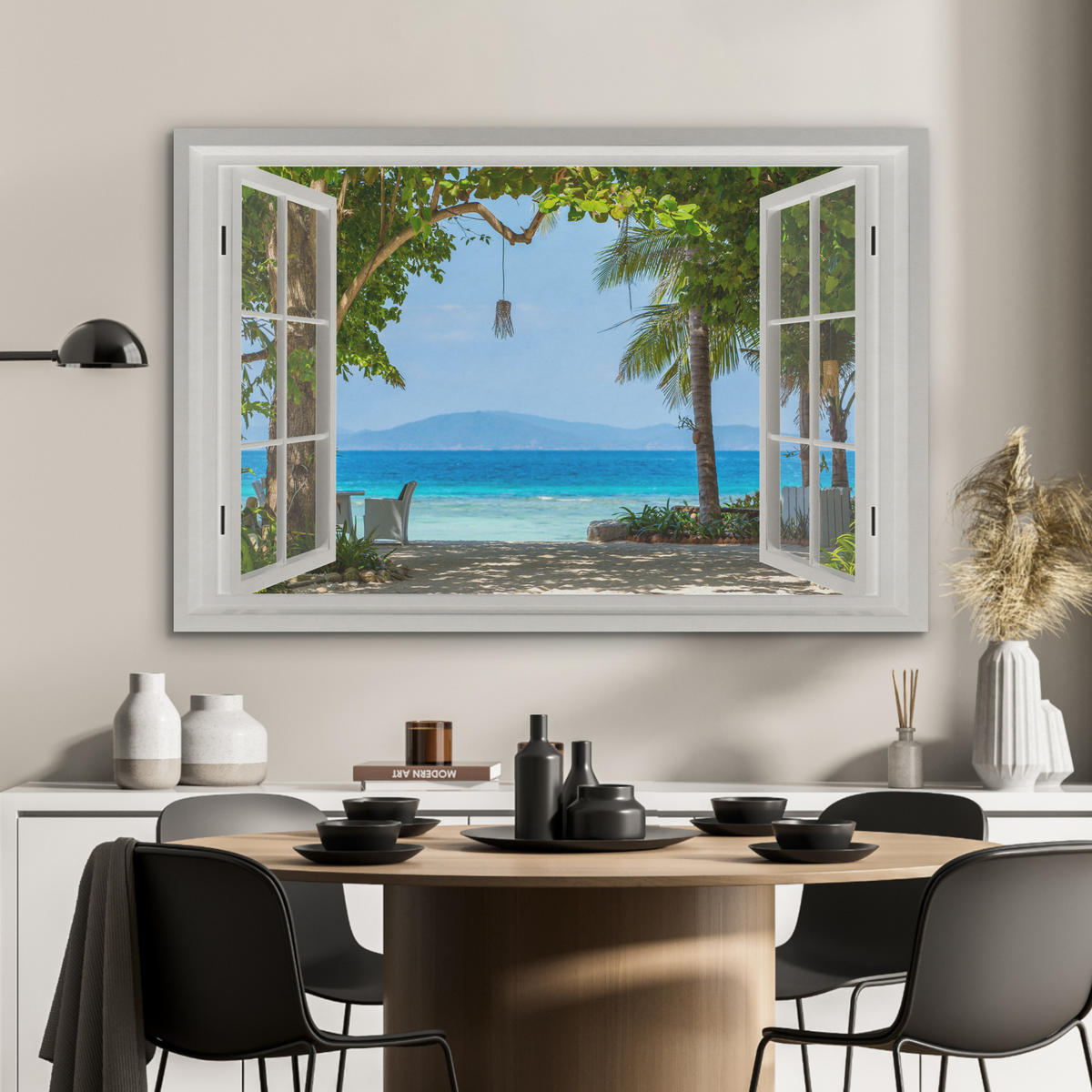 AKUSTIKBILD Aussicht - Baum - Meer - Palme - Hügel - Strand - Blau Wandbild Wohnzimmer 100x70 cm - Blau, Textil (100/70/0.9cm) - MuchoWow