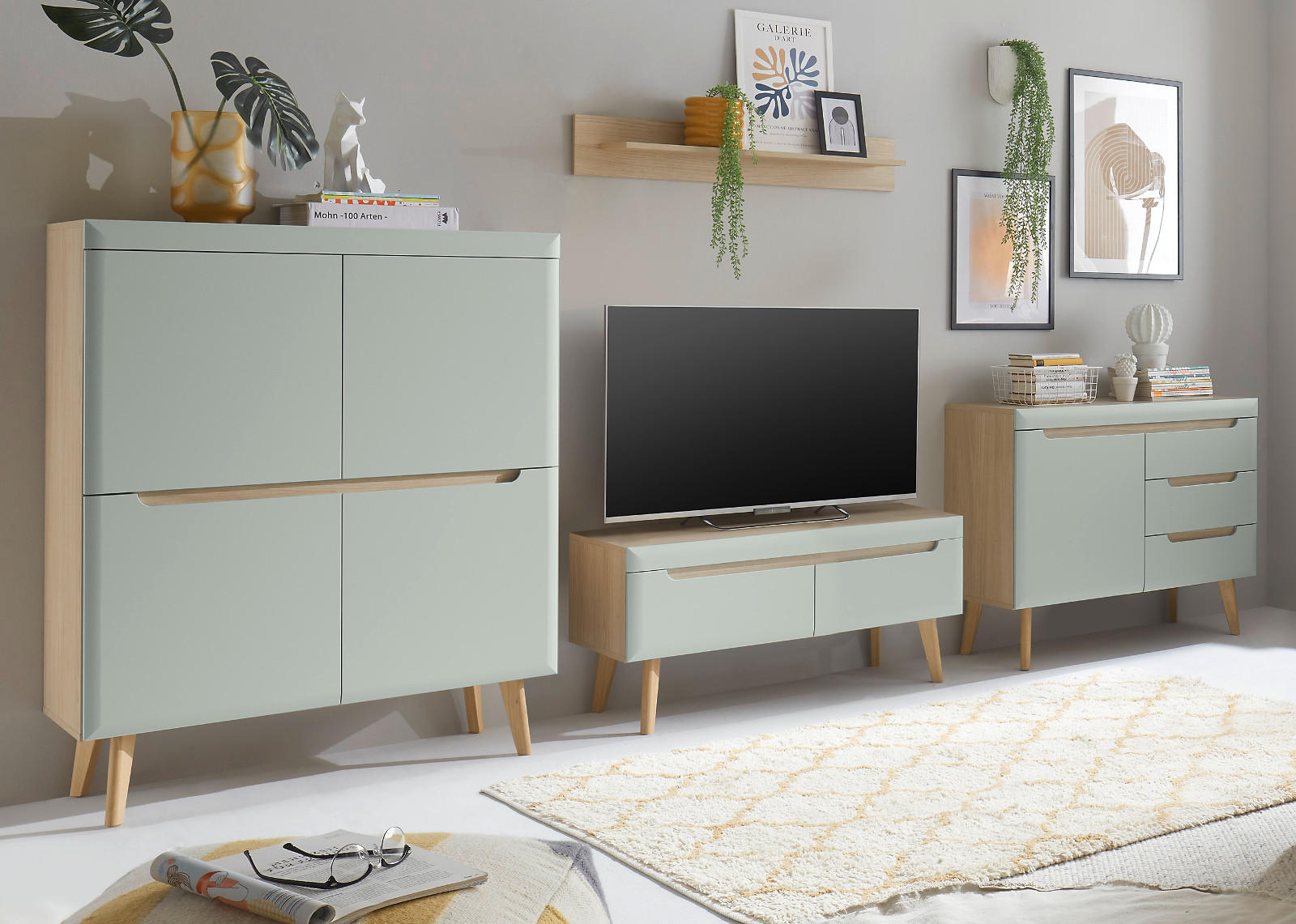WOHNWAND 4-teilig pistazie grün, Eiche, skandinavisch 360 cm, Wohnkombination mit Soft-Close - Eichefarben/Pastellgrün, Eichenholz/Holz (361/170/40cm) - Furn.Design