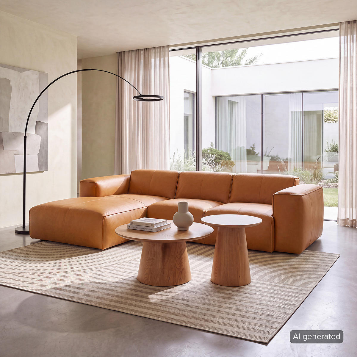 3-SITZER ECKSOFA mit Longchair - Cognac/Schwarz, Leder/Kunststoff (251/173cm) - home24