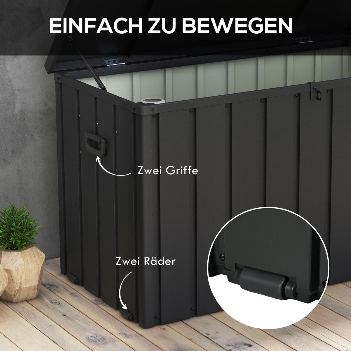 AUFBEWAHRUNGSBOX Truhe mit Rollen, Gasdruckfedern, für Garten Balkon Stahl Dunkelgrau - Grau, Kunststoff/Metall (61.5/70/125.5cm) - Outsunny