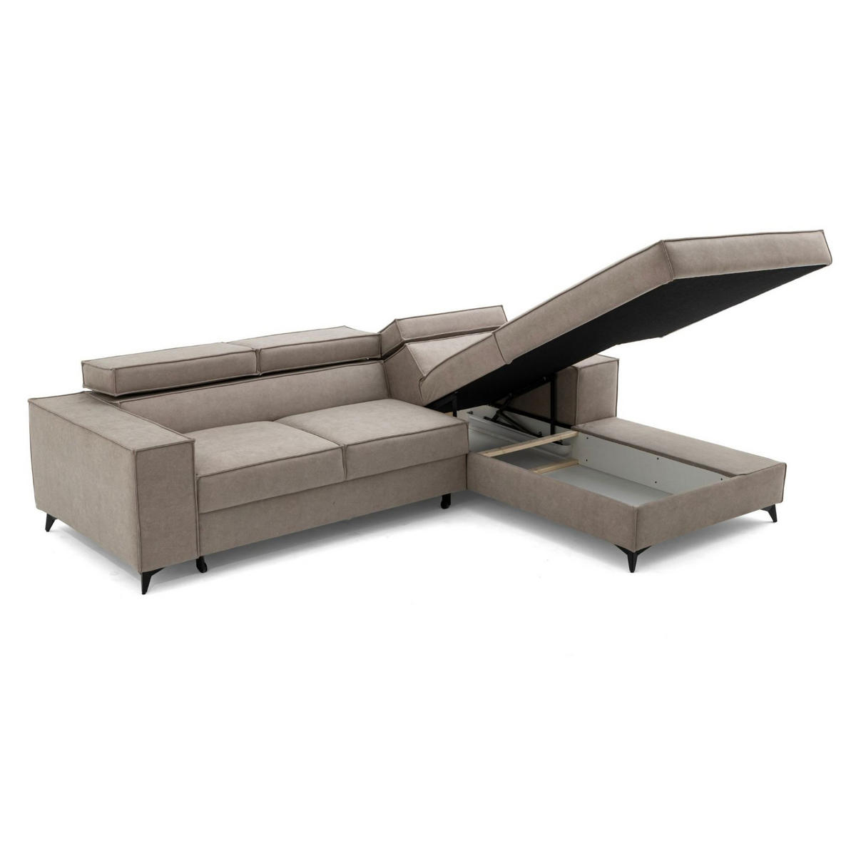 ECKSOFA PURE S Rechts mit Schlaffunktion 127x215 Velours Creme - Creme/Schwarz, Holz/Textil (204/281cm) - Muffo
