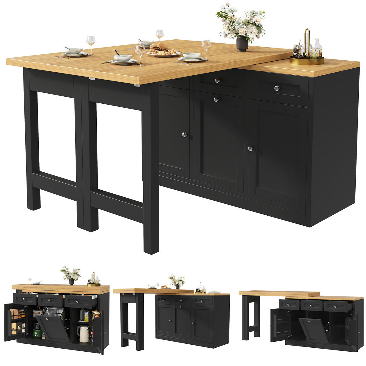 BARTISCH DE-38359 120/200 cm ausziehbar mit Schublade und Mülleimerhalter Schwarz - Schwarz, Holzwerkstoff (40/120/75.5cm) - ComfortXL