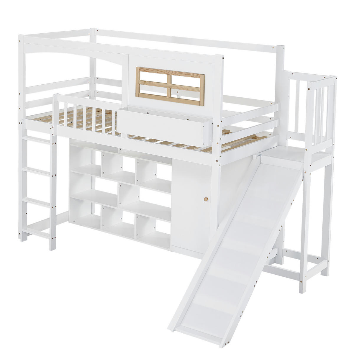 ETAGENBETT 90/200 cm mit Rutsche, Kleiderschrank und Regalen, Weiß/Natur - Weiß, Holzwerkstoff (90/200cm) - Redom