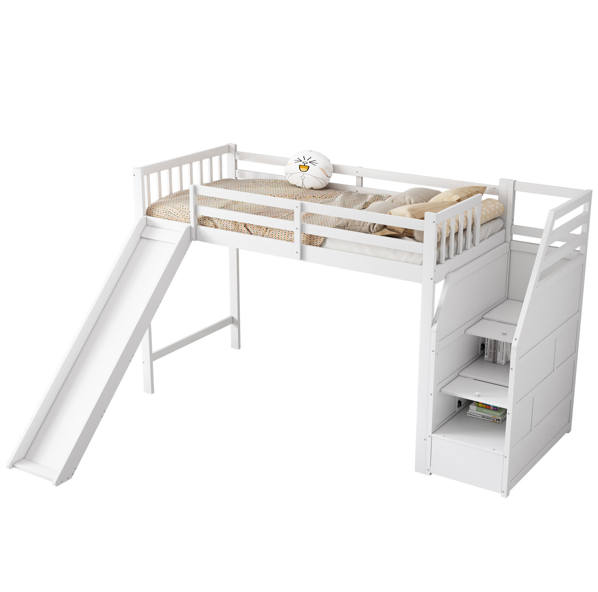 HOCHBETT 90/200 cm in Weiß – mit Rutsche, Stauraumtreppe und Rausfallschutz - Weiß, Holzwerkstoff (90/200cm) - BEAOK