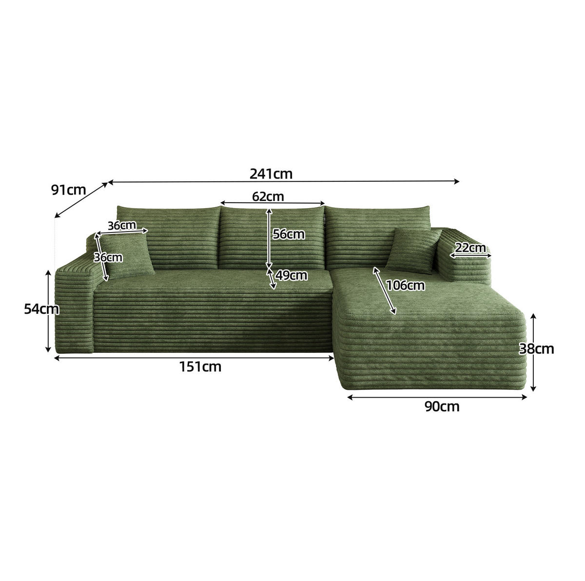 ECKSOFA 241 cm mit Chaiselongue, modularer Aufbau und Cordbezug, Grün - Grün, Textil (241/151cm) - Redom