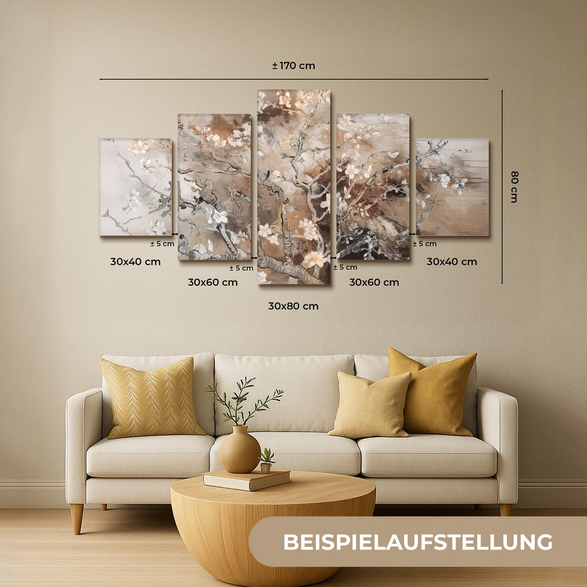 LEINWANDBILD 5er Set Mandelblüte - Abstrakt - Beige 150x80 cm - Beige, Textil (150/80cm) - MuchoWow
