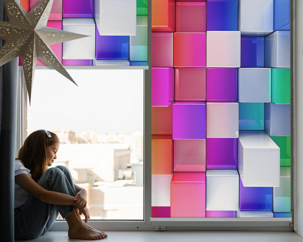 VNÚTORNÁ roleta - okenná roleta - roleta - 100x100 cm - Farebné 3D kocky - modrá, plast (100/100/0.5cm) - TULUP
